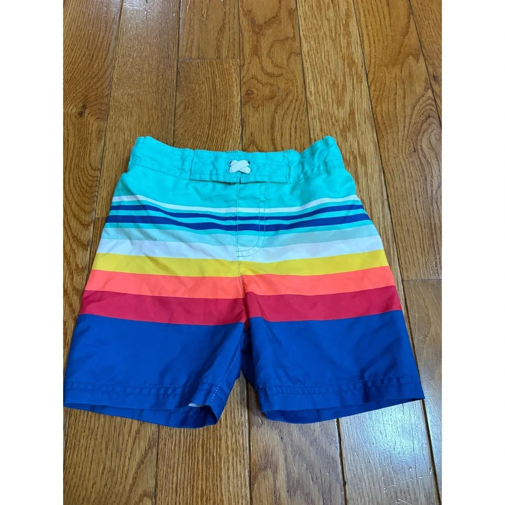 Cat & Jack‎ Boys 3T Rainbow Striped Swim Trunks Teal Blue Orange Board Shorts